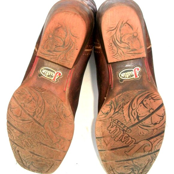 Justin Brown & White Leather Mid\Calf SquareToe Embroidered Cowgirl Boots 9M 39M - Picture 8 of 9